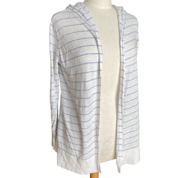 Cynthia Rowley Linen Cardigan Sz M Nautical Striped Coastal Grandma Hooded Beach - Picture 2 of 10